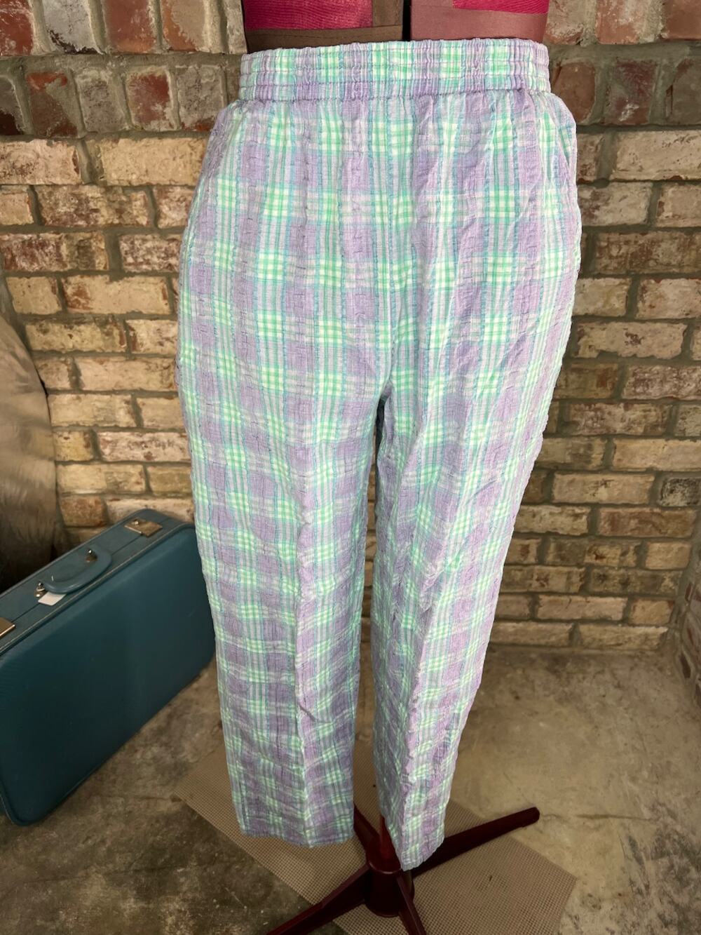 pants searsucker plaid purple green pastel 1980s